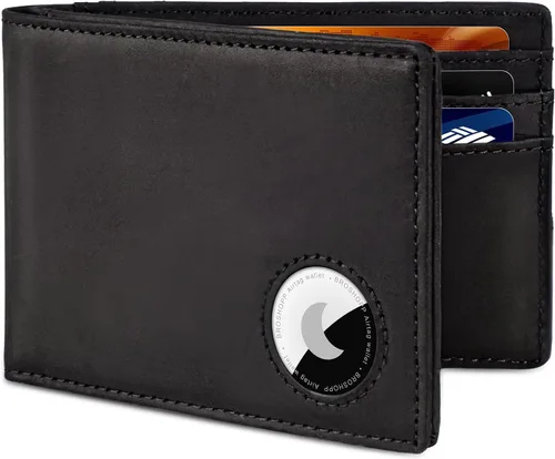 Miniatura 23 de Billetera AirTag para hombre, de piel auténtica plegable con bloqueo Rfid AirTag con ranuras para efectivo y ventana de identificación, compatible