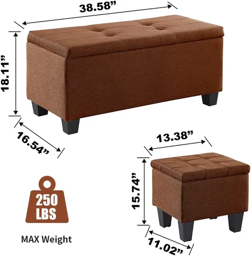 Miniatura 2 de Juego de banco otomano de almacenamiento grande de 3 piezas, banco de almacenamiento para ventana de lino con 2 reposapiés otomanos para sala