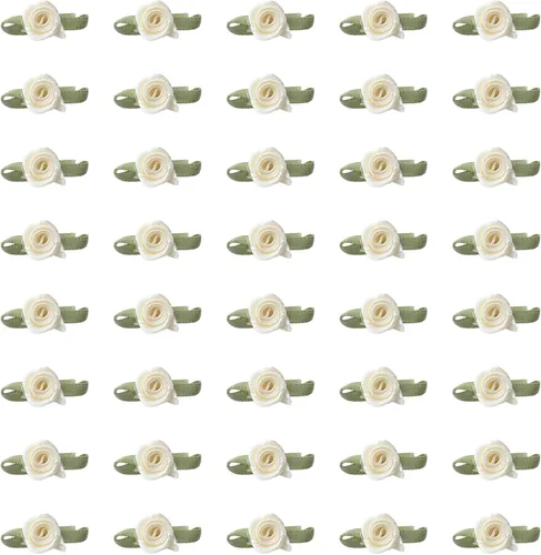 50 piezas de rosas de satén con hojas verdes, lazos de cinta mini lindos, suministros de flores artificiales de tela, adorno de aplique para