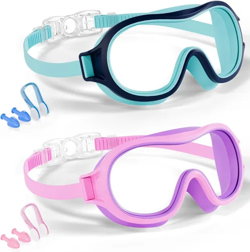 Aegend Paquete de 2 gafas de natación para niños de 3 a 15 años, antivaho, anti-UV, visión amplia, impermeables, sin fugas, para niños y niñas Azul
