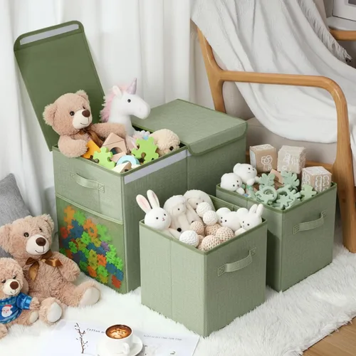 Miniatura 7 de Paquete de 3 Cajas Grandes de Almacenamiento de Juguetes de 23" con Cubos Contenedores de 11", Organizador de Juguetes Plegable con Tapas para Verde