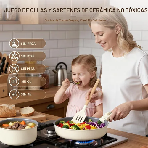 Miniatura 2 de Ammeloo - Juego de ollas y sartenes de cerámica antiadherentes, juego de utensilios de cocina no tóxicos con mangos removibles, juego de cocina
