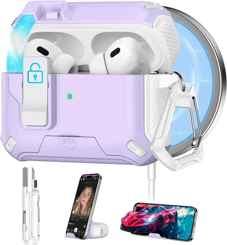 Miniatura 7 de Ekoonpft Funda para AirPods Pro 2 (2023/2022/2019), diseño de bloqueo de seguridad y soporte de teléfono para Apple AirPods Pro de 2ª/1ª