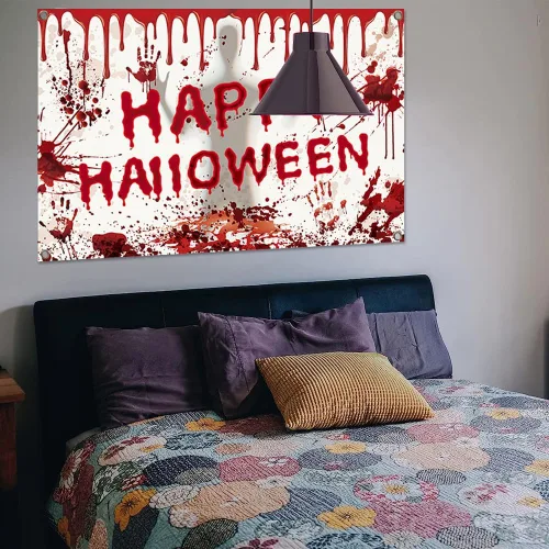 Miniatura 2 de Telón de fondo de Feliz Halloween, 70.87 x 43.31 pulgadas, decoración de fiesta aterradora, suministros de decoración para patio
