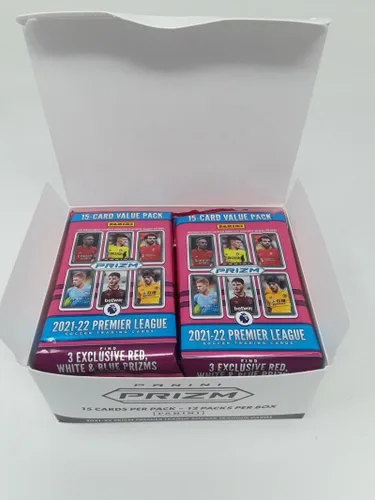Caja para violonchelo de fútbol Panini Prizm EPL 2021-22, 12 paquetes sellados de fábrica de 15 tarjetas, 180 tarjetas en los 3 premios exclusivos