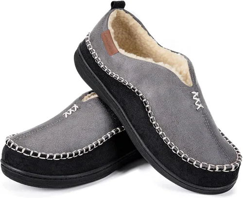 EverFoams Pantuflas tipo mocasín para hombre de espuma viscoelástica para interiores y exteriores, zapatos de casa de gamuza cálida con forro sherpa