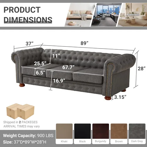 Miniatura 2 de Chesterfield - Sofá de cuero, sofá moderno de mediados de siglo de 89 pulgadas con respaldo bajo, brazo enrollable, ribete de cabeza de clavo, sofá