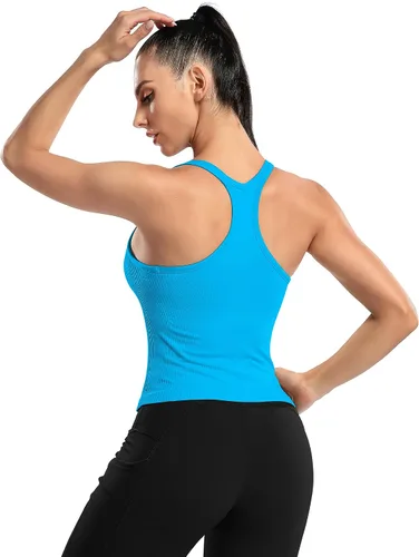 Miniatura 119 de ATTRACO Camiseta corta acanalada de entrenamiento para mujer con brasier integrado para yoga, espalda cruzada, ajuste ajustado