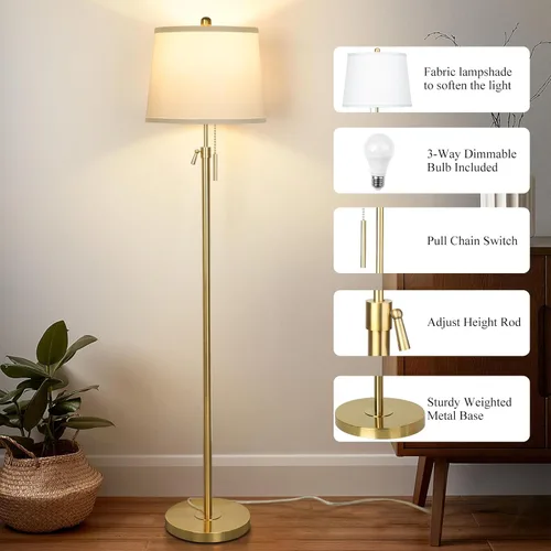 Miniatura 4 de JUNNAI Lámpara de pie dorada para sala de estar, lámpara de pie alta de 55 a 65 pulgadas, ajustable, moderna, de latón, para dormitorio, lectura