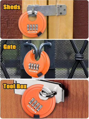 Miniatura 7 de DELSWIN Cerradura de combinación de disco de 4 dígitos para exteriores, candados de combinación resistentes con grillete de acero endurecido Naranja