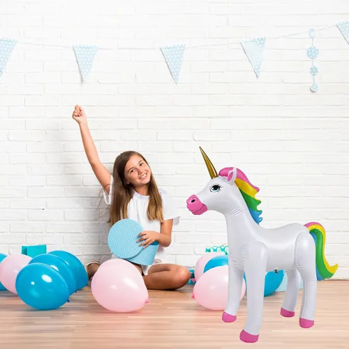 Miniatura 3 de Jet Creations Unicornio arcoíris inflable de pie, ideal para piscina, decoración de fiestas, cumpleaños, 40 pulgadas de largo x 30 pulgadas de alto