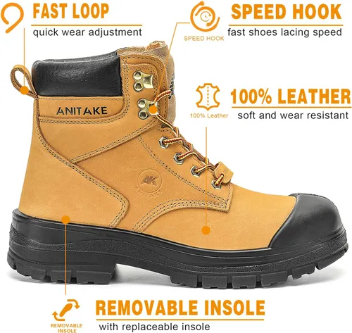 Miniatura 2 de Botas de trabajo con punta de acero para hombre, 6 pulgadas, cuero de grano completo, aislamiento eléctrico, antideslizantes, resistentes a