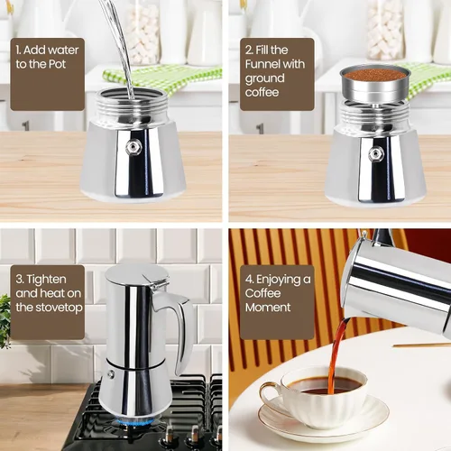 Miniatura 9 de Olla de café espresso italiano de acero inoxidable 304 de 2 tazas de 3.5 onzas líquidas, cafetera para estufa, cafetera de moca, para estufa