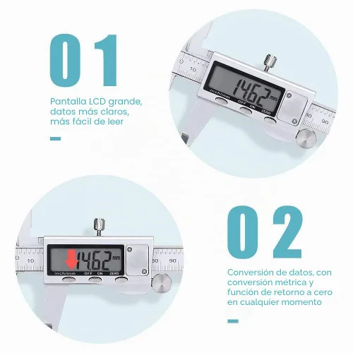 Miniatura 3 de Herramienta de medición de calibrador digital, micrómetro digital de calibre Vernier de acero inoxidable con pantalla LCD grande, herramienta