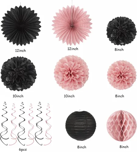 Miniatura 4 de Cartel de feliz cumpleaños rosa y negro para decoración de fiesta – 31 piezas de oro rosa 14º 40º para mujeres y niñas, faroles de papel