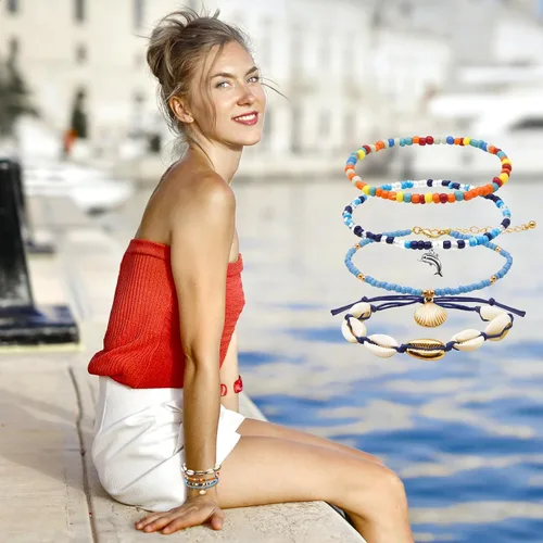 Miniatura 3 de Pulseras de playa boho surfistas, tobilleras ajustables con cuentas, pulseras trenzadas hippies hechas a mano, impermeables, pulseras de cuerda
