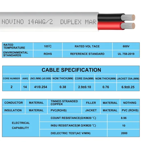Miniatura 6 de Cable marino dúplex de calibre 14, cable eléctrico 14/2 de grado marino de cobre estañado, 14 AWG, 70 pies, para lancha, automóvil, caravana, uso