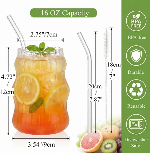 Miniatura 2 de Tebery Paquete de 4 vasos lindos para beber, vaso de café helado acanalado de 16 onzas con pajitas, taza de agua estética vintage para cóctel