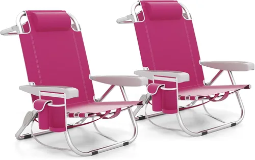 Miniatura 11 de Giantex Silla de playa tipo mochila, silla de camping plegable con 5 posiciones ajustables, soporte para tazas, bolsillos de almacenamiento