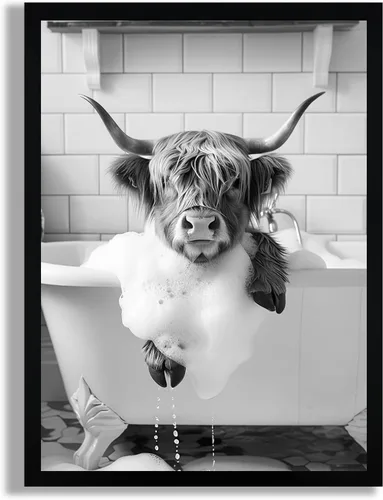 Miniatura 12 de SYWENNOI Arte de Pared en Lienzo Enmarcado en Blanco y Negro para Baño, Divertido Gato Negro Sentado en el Inodoro Leyendo Periódico Decoración