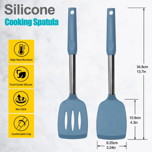 Miniatura 2 de Paquete de 2 espátulas, juego de espátulas de silicona sólida y ranurada, mango de acero inoxidable recubierto con silicona, antiadherente, aleta