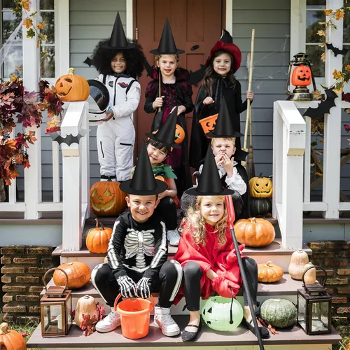 Miniatura 5 de Famoby 12 sombreros de bruja negros de Halloween con cable de nailon de 157 pies y 120 calcomanías de murciélago para interiores y exteriores