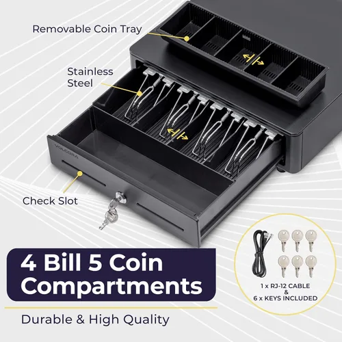 Miniatura 3 de Volcora Cajón de caja registradora para sistema de punto de venta (POS) con esquina redonda de 13 pulgadas, bandeja extraíble para monedas, 4 Negro