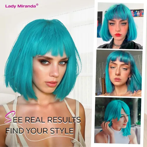 Miniatura 5 de Lady Miranda Peluca verde azulado corta Bob con flequillo para mujer, resistente al calor, peluca sintética turquesa de 12 pulgadas, peluca