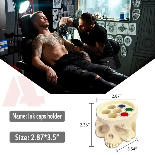 Miniatura 4 de 1 portavasos, 7 agujeros, tinta de tatuaje, resina dura de calavera y 100 tapas de tinta grandes #15, soporte de tinta para tatuaje, artista