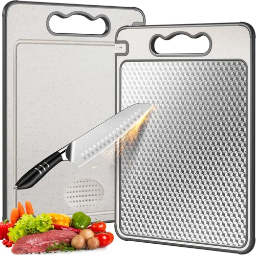 Miniatura 11 de LOZOVIN Tabla de cortar de paja de titanio y trigo GR1 de doble cara, tabla de cortar de 15 x 10 pulgadas para cocina, tabla de cortar no tóxica Gris