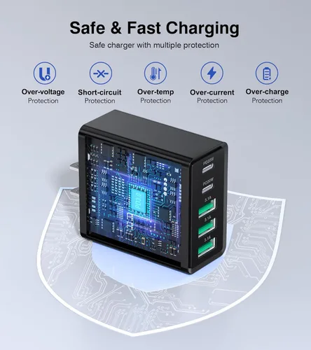 Miniatura 5 de [Paquete de 2] Cargador de pared USB C, bloque de cargador USB C de 50 W, bloques de carga rápida PD de 5 puertos, 2USB C + 3USB A enchufe