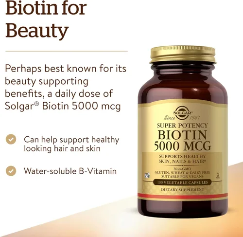 Miniatura 3 de Solgar Biotin 5000 mcg - Promueve la piel, las uñas y el cabello saludables - Apoya la producción de energía, proteínas, carbohidratos y metabolismo