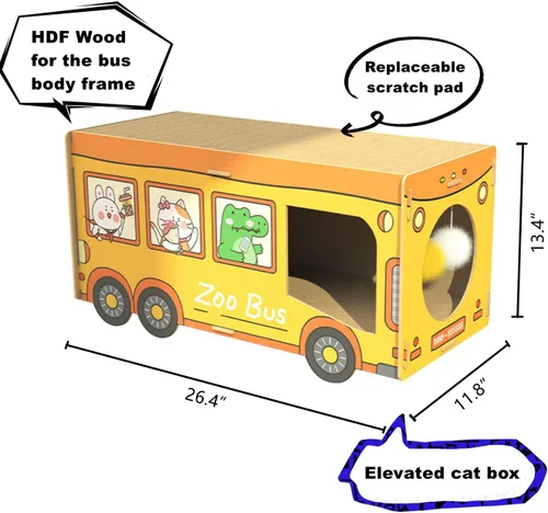 Miniatura 4 de SHENGOCASE Casa rascador de madera Jumbo de 26.4 x 11.8 pulgadas con forma de autobús extra grande para Maine Coon, casa de cartón para gatos