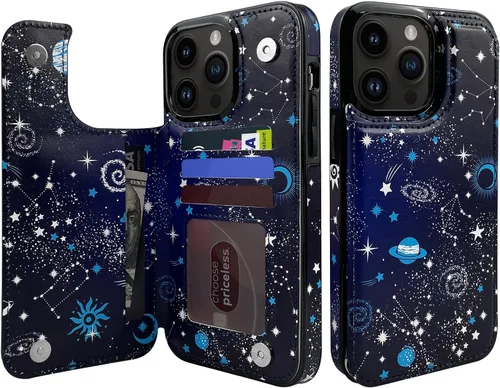 Miniatura 14 de Funda tipo cartera de piel con tapa compatible con iPhone 13 Pro Max de 6.7 pulgadas, para mujeres y niñas con tarjetero y doble cierre magnético