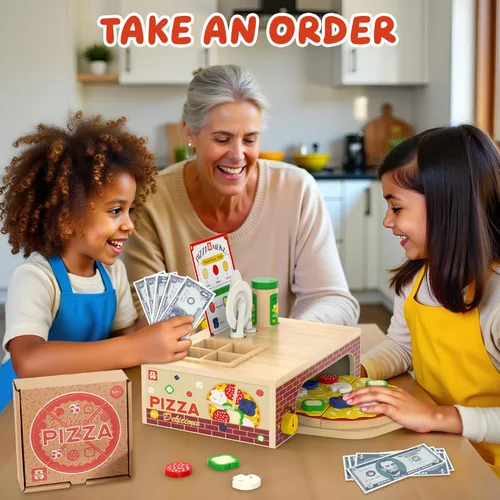Miniatura 8 de Juguete de Pizza de Madera - Montessori Comida de Juego de Simulación para Edades 3+, Juguete Educativo de Aprendizaje Conjunto de Juego de Madera