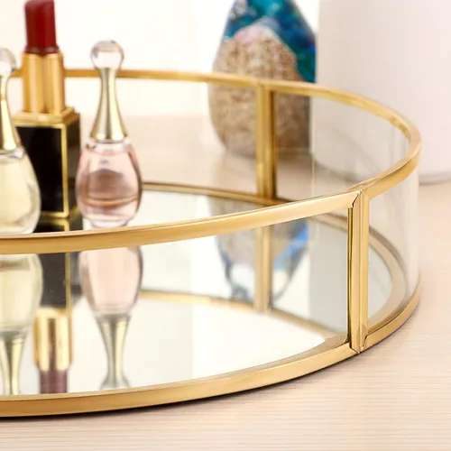 Miniatura 6 de ELLDOO Bandeja decorativa de vidrio redondo dorado, bandeja de joyería de espejo de metal de 9.9 pulgadas, organizador de perfume de maquillaje