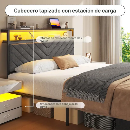 Miniatura 4 de Fluest Base de cama Queen con 2 cajones, cabecera tapizada con estación de almacenamiento y carga, luces LED, cajones de tela con ruedas