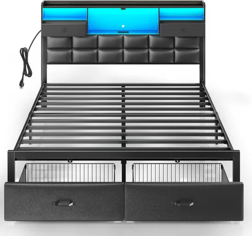 Miniatura 8 de Rolanstar Armazón de cama tamaño completo con cajones y estación de carga, cama de plataforma tapizada con cabecera de almacenamiento y luz LED