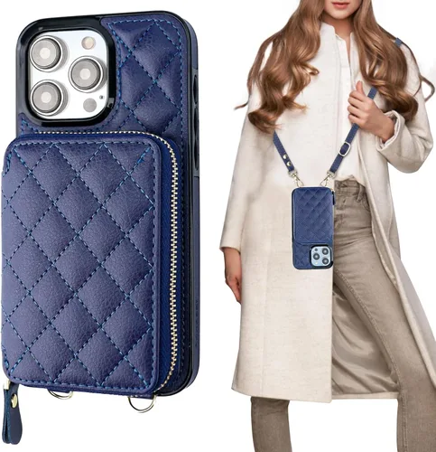 Miniatura 12 de Bocasal Funda tipo cartera cruzada para iPhone 15 Pro Max, con bloqueo RFID, de piel sintética, con cremallera, funda tipo cartera con función atril