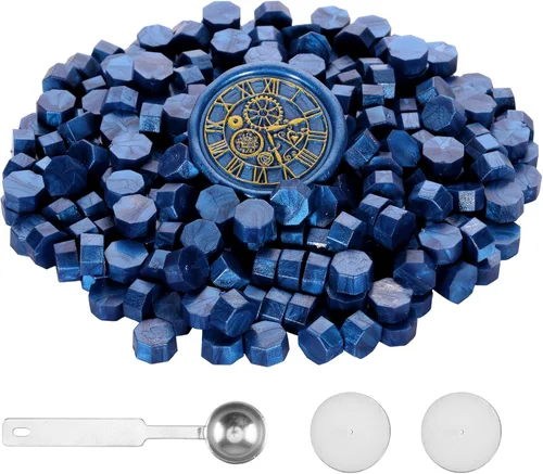 Miniatura 4 de Yoption 300 cuentas de cera de sellado azul brillante, cuentas de sello octágono vintage con 4 velas y 2 cucharas de fusión para sello de cera
