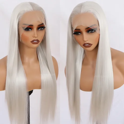 Miniatura 4 de Missyvan - Peluca de encaje frontal de color de cabello blanco, Pelucas de pelo largo y liso Rubio platino, Cabello de fibra resistente al calor