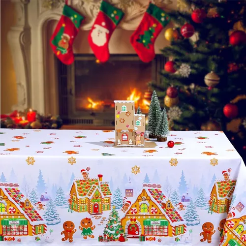 Miniatura 7 de Tiamon Mantel de Navidad de Jengibre de 60 x 104 Pulgadas, Mantel Rectángulo Reutilizable de Hombre de Jengibre, Cubierta de Mesa de Árbol