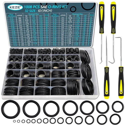 KEZE Juego de 1008 anillos tóricos SAE, 32 tamaños estándar de EE. UU., sellos de goma de nitrilo 70A, juego de anillos tóricos en pulgadas con 4