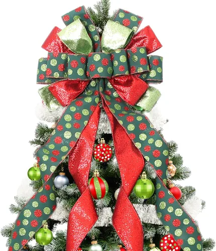 Miniatura 10 de Adorno de lazo grande para punta de árbol de Navidad y corona, lazo con cinta roja de arpillera y borde blanco de poliéster, para hogar, Acción