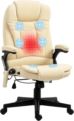 HOMCOM, silla de oficina ejecutiva, ergonómica, piel sintética, con calor, masaje vibratorio., Cuero, Crema