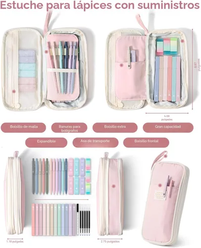 Miniatura 2 de Four Candies 39 piezas de suministros escolares estéticos con bonito estuche para bolígrafos, 12 resaltadores pastel, 5 bolígrafos de gel de tinta