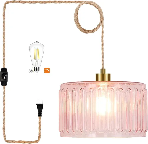 Miniatura 15 de Lámpara colgante de ratán para enchufar, con cable de enchufe, lámpara colgante de bambú regulable, tejida a mano estilo bohemio, pantalla