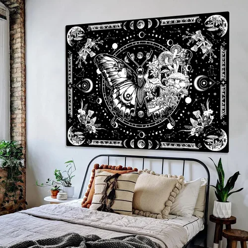 Miniatura 4 de Fungarth Tapiz de Esqueleto y Mariposa Blanco y Negro Calavera Hongos Plantas Tapices Hippie Estético Tapiz Colgante de Pared para Dormitorio Sala