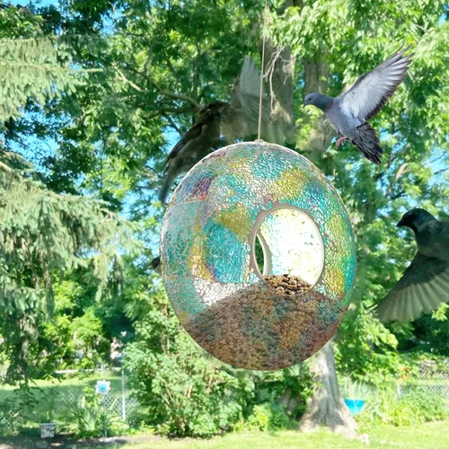 Miniatura 9 de DUSVALLY Comedero colgante para pájaros, comedero redondo para pájaros silvestres, diseño de mosaico de vidrio degradado azul y morado, 9 pulgadas