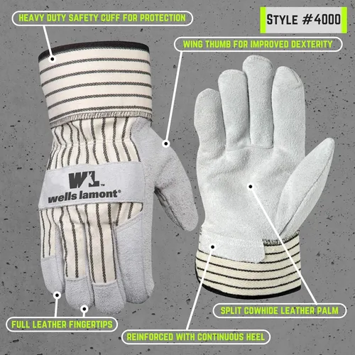 Miniatura 3 de Wells Lamont Guantes de trabajo de palma de cuero resistente para hombre con puño de seguridad, talla L (4000)